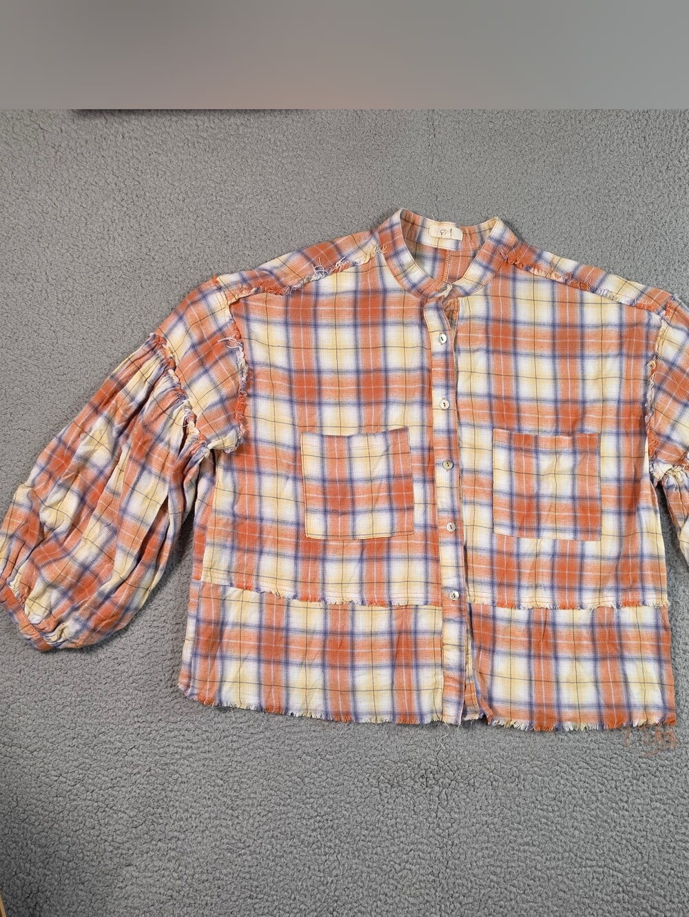 Easel Balloon Sleeve Cropped Flannel Shirt Medium Orange Raw Edge Boho Chic
